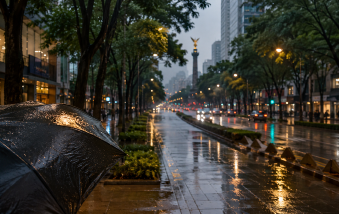 Avenida de Ciudad de México durante una lluvia vespertina con paraguas y reflejos urbanos.