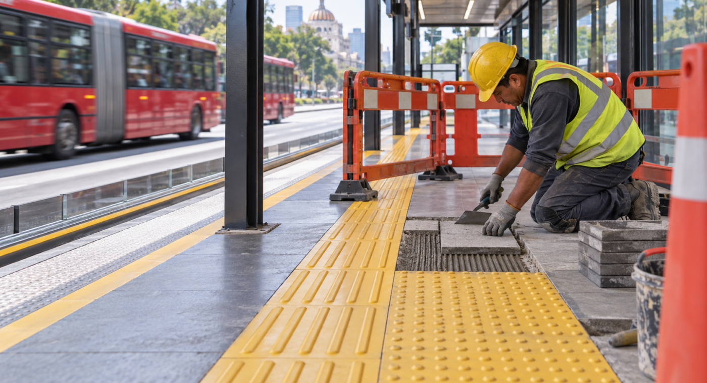 Ilustración editorial generada con IA de trabajos en una guía táctil de una estación de transporte; no documenta una estación ni un cierre real del Metrobús.