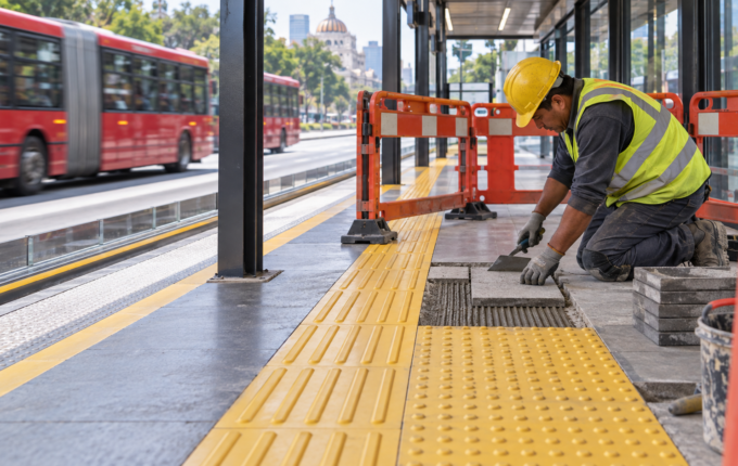 Ilustración editorial generada con IA de trabajos en una guía táctil de una estación de transporte; no documenta una estación ni un cierre real del Metrobús.