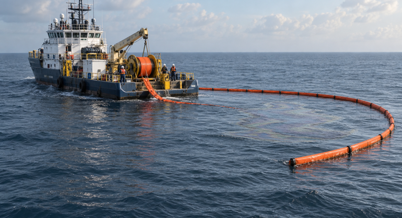 Embarcación de mantenimiento despliega equipo de contención sobre una presencia de aceite crudo en el mar