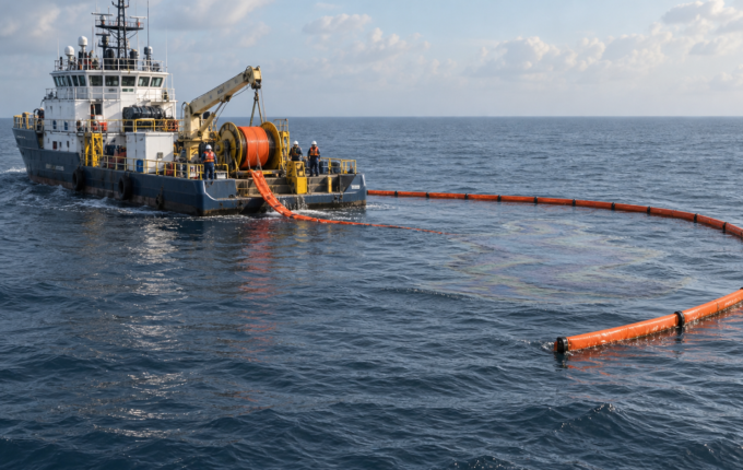 Embarcación de mantenimiento despliega equipo de contención sobre una presencia de aceite crudo en el mar